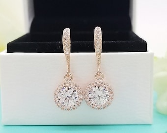 Elegant Round Cubic Zirconia with Crystal ear wire dangle earrings , Wedding Bridal bridesmaid Earrings Gift, Gift for Mom