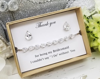 Tiny Teardrop Cubic Zirconia 925 Silver Post Earrings and Adjustable Cubic Zirconia Bridesmaid Bracelet Set Customize Message Gift