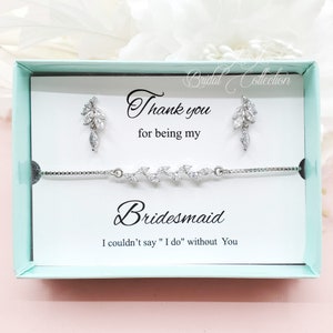 Tiny Leaves Cubic Zirconia Earrings and Long Adjustable Wedding Party Bracelet bridesmaid Set Gift