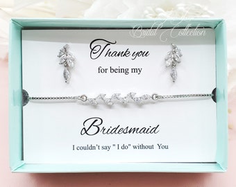Tiny Leaves Cubic Zirconia Earrings and Long Adjustable bridesmaid Bracelet Set Gift