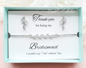 Tiny Leaves Cubic Zirconia Earrings and Long Adjustable Wedding Party Bracelet bridesmaid Set Gift