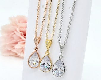 Teardrop CZ Wedding Bridesmaid Necklace Gift, Custom Message Bridesmaid Gift, Bridal Jewelry, Gift for Mom, Bridal Party gift