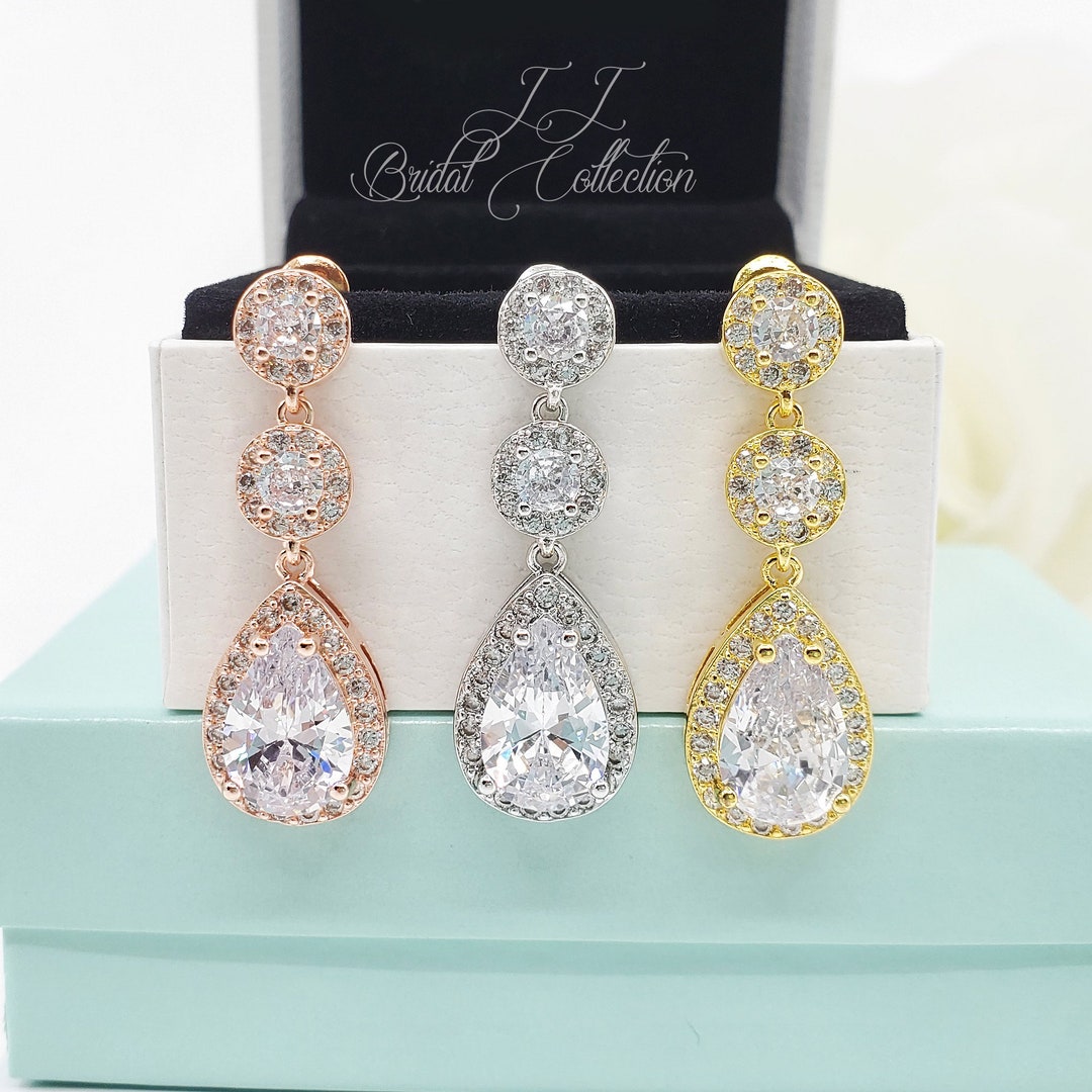 Triple Dangle Teardrop Top Quality Cubic Zirconia Earrings, Bridal
