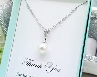 Elegant 8mm Pearl dangle drop Bridesmaid Necklace gift, Wedding Bridal Bridesmaid Pearl Necklace, bridal wedding jewelry mom