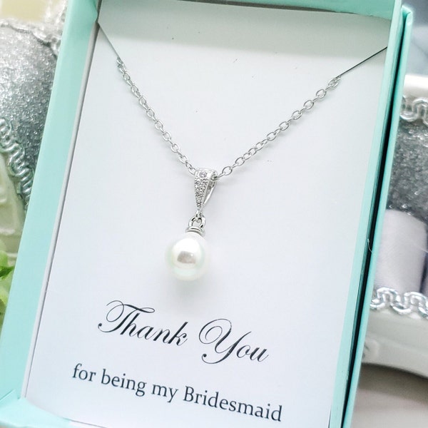 Elegant 8mm Pearl dangle drop Bridesmaid Necklace gift, Wedding Bridal Bridesmaid Pearl Necklace, bridal wedding jewelry mom