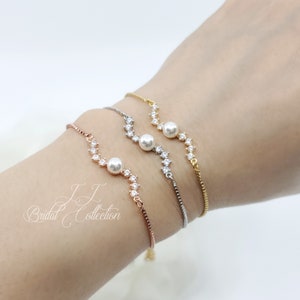 Point Pearl Wave Cubic Zirconia Adjustable Bridesmaid Bracelet Gift image 2