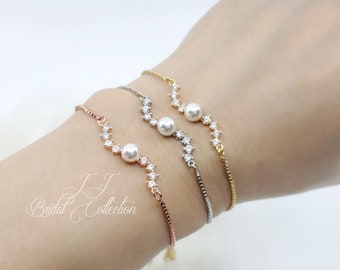 Clearine Bracciale Da Sposa Con Zirconi Cubici – Braccialetto A Tennis Con Perle Simulate, Elettroplaccato Oro, Per Matrimonio E Ballo