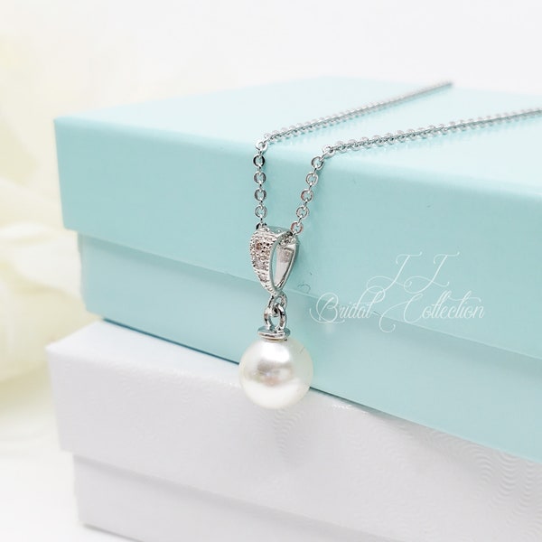 8mm Single Pearl dangle drop Handmade Bridesmaid Necklace, Wedding Bridesmaid Necklace Gift, Gift for her, Bridesmaid Jewelry