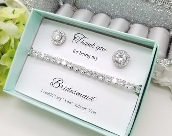 Flat Halo Earrings and Clear Round cut Cubic Zirconia Slide Adjustable Bracelet Set ,Bridesmaid Bracelet Earrings gift,