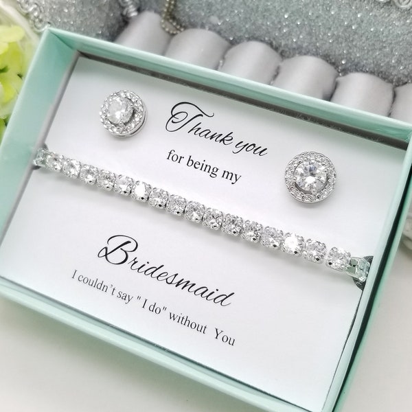 Flat Halo Earrings and Clear Round cut Cubic Zirconia Slide Adjustable Bracelet Set ,Bridesmaid Bracelet Earrings gift,