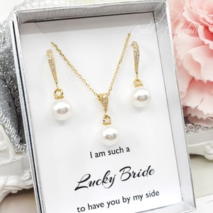 8mm Elegant Pearl dangle Bridesmaid Jewelry Set, Wedding Bridal Necklace Earrings Set ,Bridal Party Gift, Customize Message Gift for Her