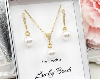 8mm Elegant Pearl dangle Bridesmaid Jewelry Set, Wedding Bridal Necklace Earrings Set ,Bridal Party Gift, Customize Message Gift for Her