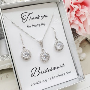 Elegant Halo Round Cubic Zirconia Necklace and Earrings Set, Wedding Bridal, Bridesmaid Jewelry Set Wedding Party  Bridal Party gift