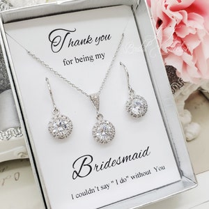 Elegant Halo Round Cubic Zirconia Necklace and Earrings Set, Bride, Bridesmaid Jewelry Set gift