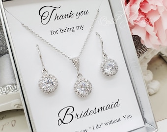 Elegant Halo Round Cubic Zirconia Necklace and Earrings Set, Bride, Bridesmaid Jewelry Set gift