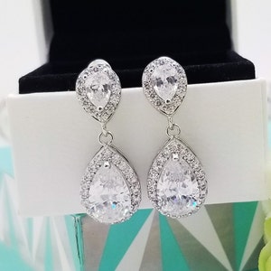 Double Teardrop Cubic Zirconia Earrings, Bridesmaid earrings gift