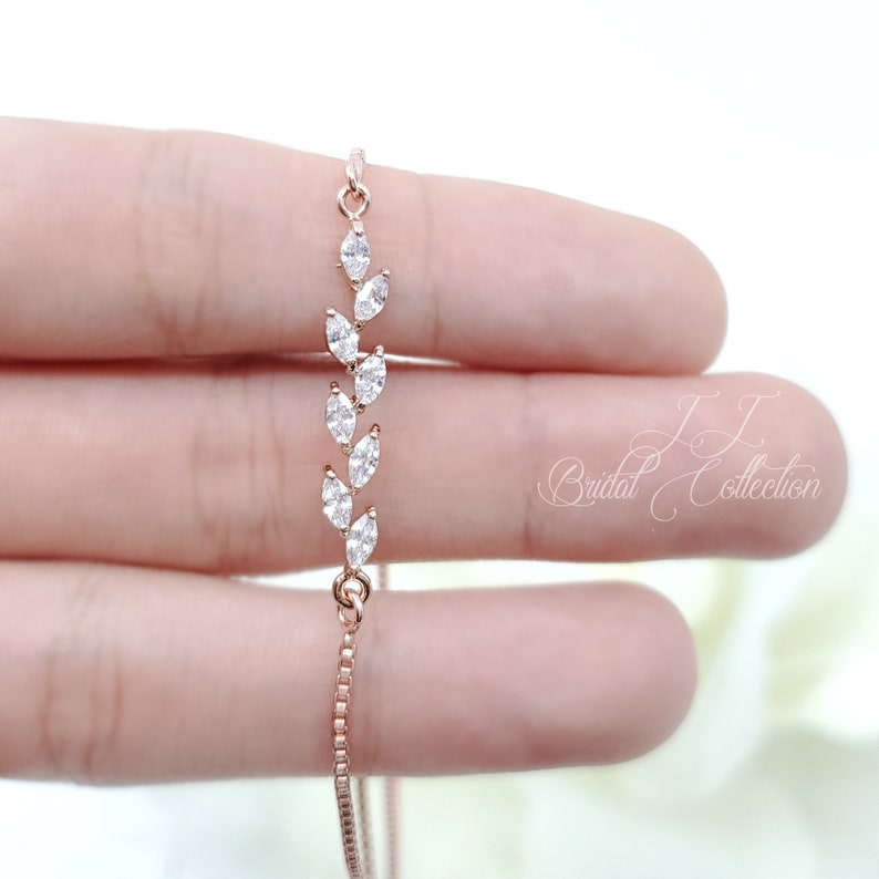 Silver Long Leaves Cubic Zirconia Adjustable bridesmaid Bracelet Gift image 3