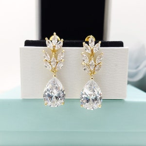 Romantic Teardrop with Long leaves CZ Wedding Earrings, Bridal Earrings, Bridesmaid earrings gift, Custom Bridesmaid gifts