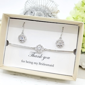 Tiny Radiant Earrings and Slide Adjustable Bracelet , Wedding bridal Party Jewelry, Bridesmaid Jewelry Set gift,