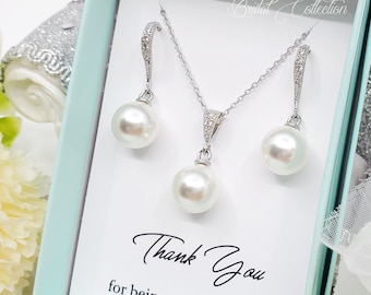 Elegant 10mm Pearl dangle Bridesmaid Necklace Earrings Set ,Wedding Bridal Jewelry Set, Bridal Party Jewelry Gift, Customize Message gift