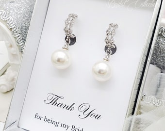 925 Silver One touch Flower Hoop Pearl Dangle Earrings, Bridesmaid, Mother of the Bride and Groom earrings Gift