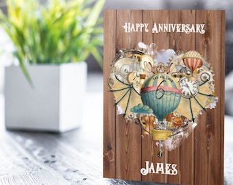 Happy Anniversary Husband Steampunk Personalised Card, Airship Steampunk Handmade Card For His Anniversary, Wood Effect Background Card