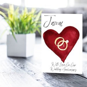 Foglia d'oro Felice Anniversario Cuore Rosso Carta Personalizzata per lui o lei, Biglietto Anniversario con numero personalizzato di anni, Mano finita