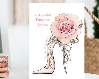 21st Birthday Card: 3D Rose, High Heel Shoe, Glitter Accents