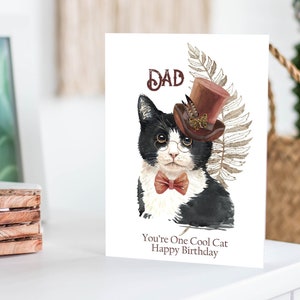 Cool Cat Steampunk Tarjeta de cumpleaños, Estilo victoriano 3D Sombrero de Copa Tarjeta de gato para hombres, cualquier edad o nombre tarjeta de felicitación para el abuelo, hijo o hermano