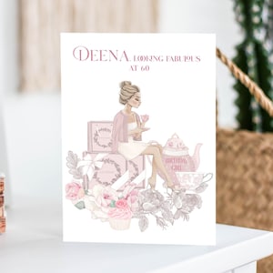 Souhaits personnalisés du 60e anniversaire pour un ami, carte de tout âge, toast d’anniversaire, 40e, 50e carte de thé de l’après-midi pour elle, carte florale avec paillettes