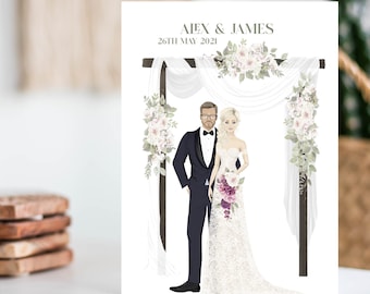 Personalized Wedding Day Card, Custom Couple Portrait, Glitter Decorations