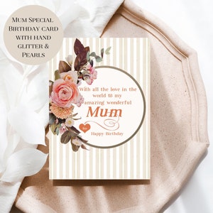 Any Age Birthday Card For Mum, 60th 70th 80th 90th Pretty Boho Glittered And Pearl Happy Birthday Card,  Roses Wreath Card For Mother Mom