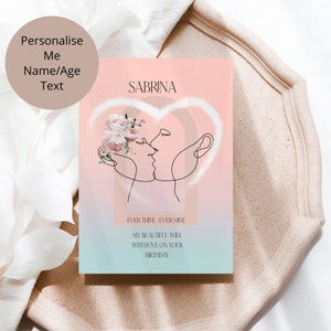 Cartão de aniversário personalizado Ever Mine Beautiful Wife, cartão de beijo de casal com arte de linha para esposa, cartão romântico para seu aniversário, aniversário de esposa