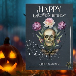 Gothic Skull Ladies Birthday Card, Hope It&#39;s A Killer Birthday, Creepy Hand Finished Greeting Card, Halloween Celebration Card For Her,