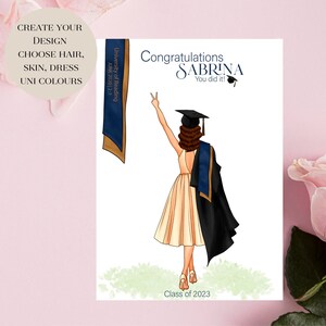 Tarjeta de celebración de graduación 2025, elige tu propio vestido y color de cabello, tarjeta de graduación universitaria para ella, recuerdo de graduación de hermana