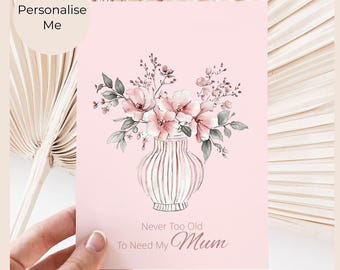 Floral Vase Mum Greeting Card, Personalised Watercolour Card with Pink Flowers