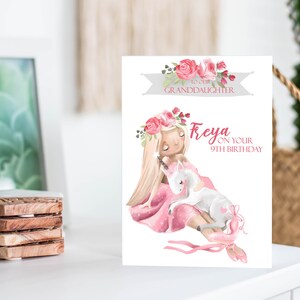 Tarjeta de cumpleaños para nieta bailarina, unicornio y tarjeta personalizada con nombre y edad, bonita tarjeta de feliz cumpleaños hecha a mano en estilo acuarela