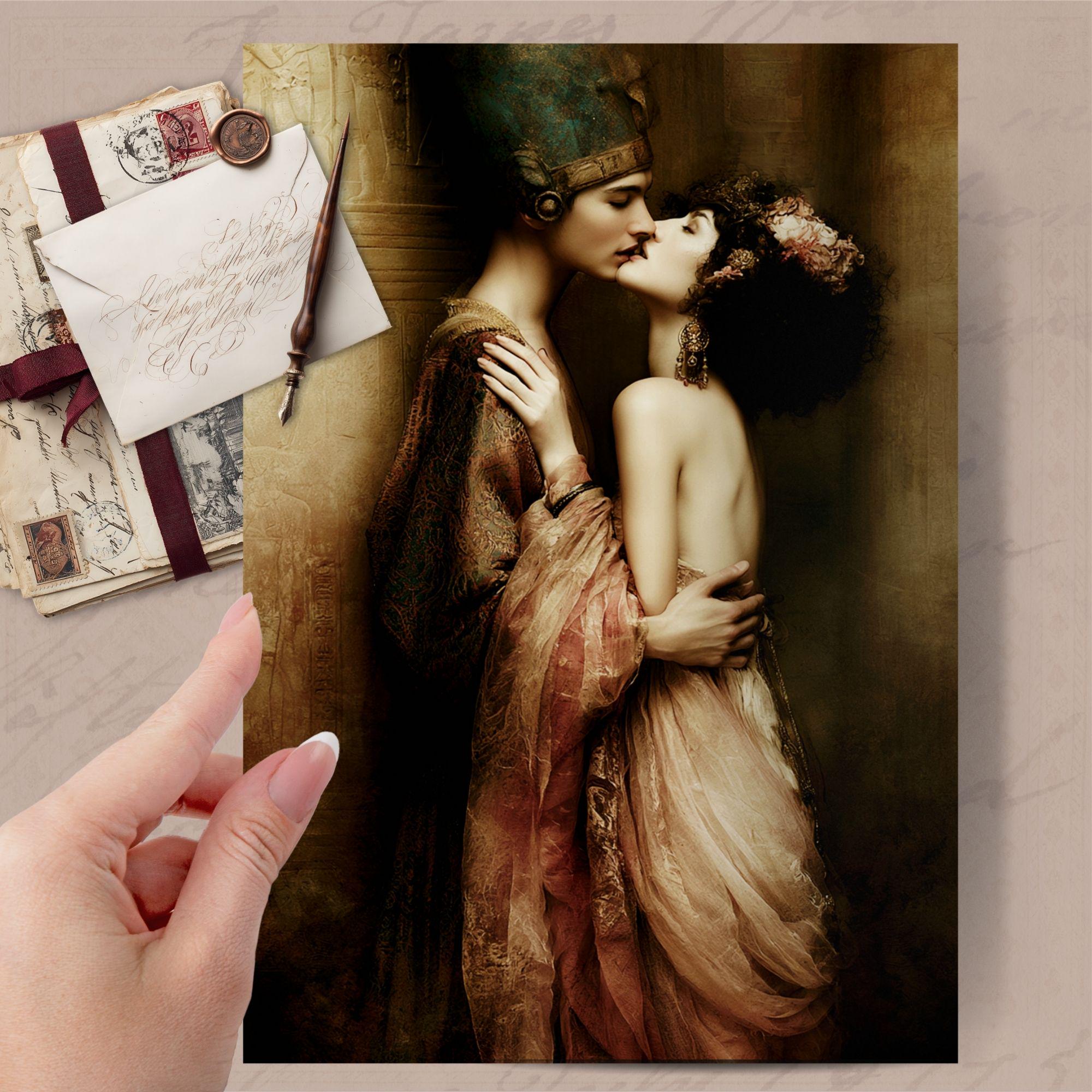 Cleopatra Kiss 1st Anniversary Art Card With Wax Seal, Gothic Egyptian Romantic Keepsake,