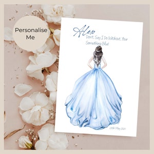 Cartão de casamento algo azul nupcial, cartão de felicitações de manhã de casamento com fonte moderna, bloco de notas de noiva algo novo, cartão em branco de vestido de noiva azul