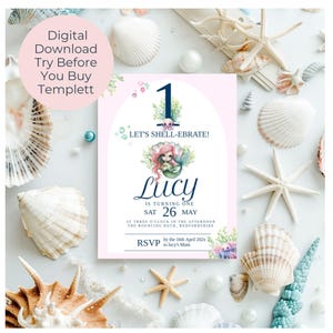 Mermaid 1st Birthday Invitation, Under The Sea, Shell-abrate Digital Download Templette