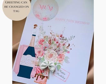 Personalized 3D Floral Birthday Card for Mum, Watercolor Champagne & Cake