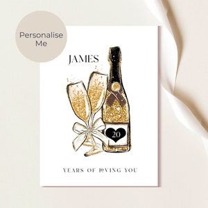 Carte de mariage pour 20 ans, mari, 20 ans de t'aimer, bouteille de champagne, carte de mariage dorée personnalisée pour lui,