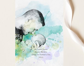 First Father's Day Baby Daddy 2023 Card, Watercolour Always My Hero Photo Card, First Father's Day Card From A Son, New Daddy Daughter Card