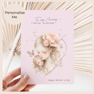Biglietto per la festa della mamma con mamma e figlia, ricordo delicato per la festa della mamma rifinito a mano con perline, biglietto d'arte in stile acquerello per la mamma, biglietto personalizzato per la mamma