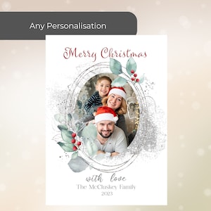 Tarjeta de Navidad con foto familiar 2023, saludo navideño personalizado de nuestra familia, follaje y bayas verdes, tarjeta navideña moderna con inserción de fotos