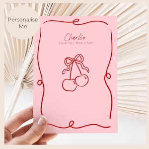 Tarjeta de cumpleaños con texto "Cherry Boyfriend Love", saludo moderno con marco de cereza para el primer aniversario de bodas, tarjeta artística con impresión de "Mon Cheri".