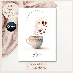 Latte Love Card 5 x 7 Canva Template, Kaffeeliebhaber Foto-Upload Karte Ehemann Valentine, Sofortiger Jahrestag Karte Für Ihn Download JPG PDF