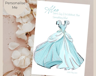 Something Blue Wedding Dress Card, Fairytale Bridal Gift, Personalized 5x7