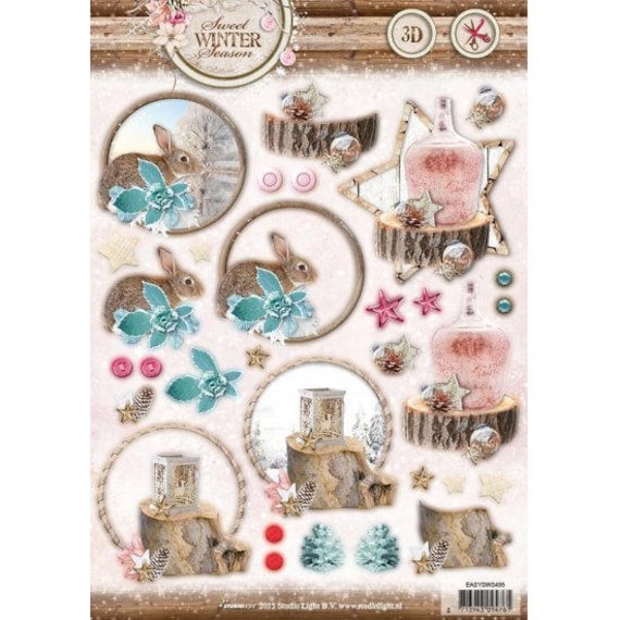 Studio Light Sweet Winter Season Rabbits and  Frosted Bottle 3D die cuts EASYSWS495,  200gsm labels for Card Toppers Card Making