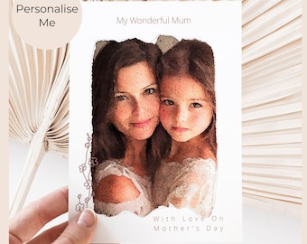 Watercolor Photo Upload Mother's Day Card,  Personalized Mummy Daughter Gift